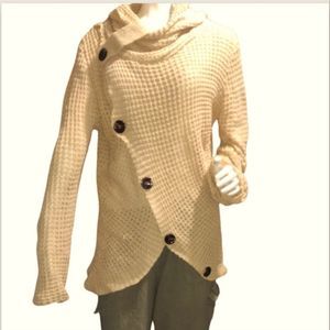 Cowl Neck with Button Detail Long Sleeve Faux Wrap Sweater Cardigan Size Small